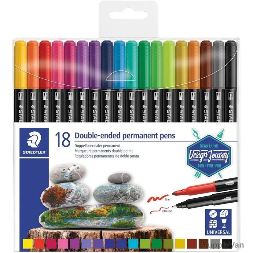 Staedtler Double Ended Permanent Fiber Tip Pen, ST-3187-TB18, 0.5-3.0MM Tip Size, Assorted Colors, 18 Pcs/Set