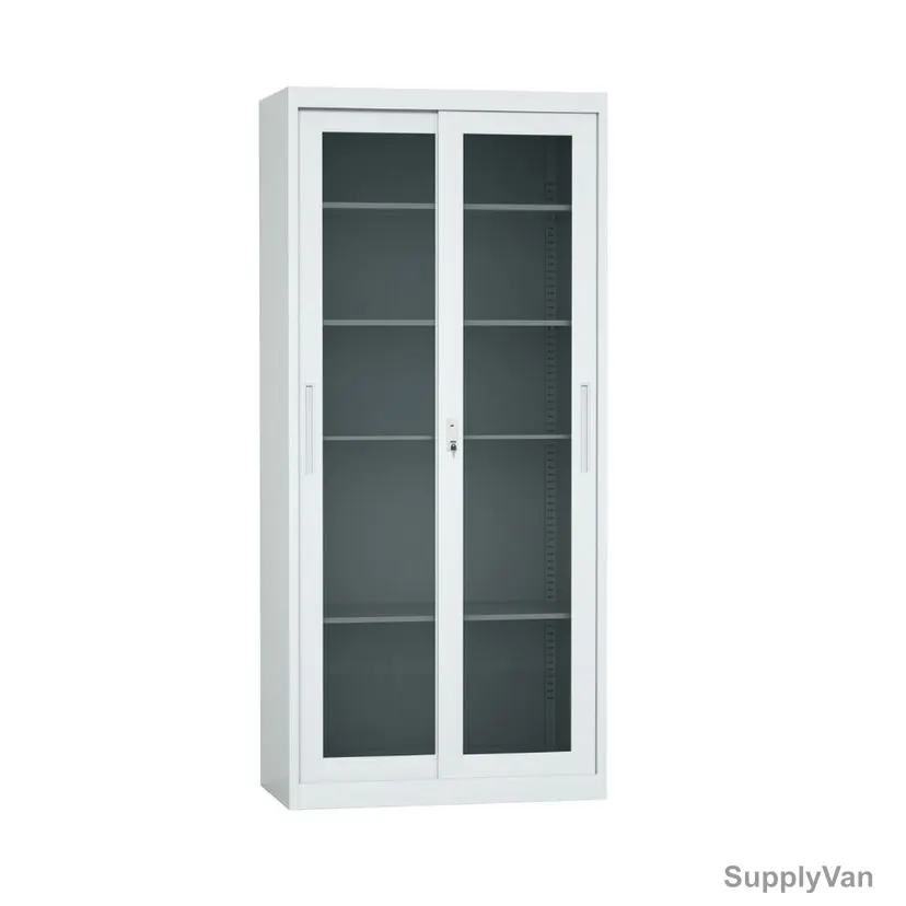 Double Door Glass Sliding Cupboard, Steel/Glass, 4 Shelves, Grey