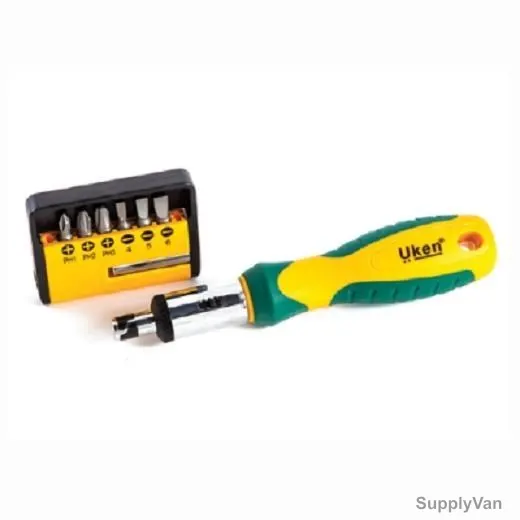 Uken Ratchet Screw Driver Set, U6006, Round, Slotted/Phillips, CrV Steel