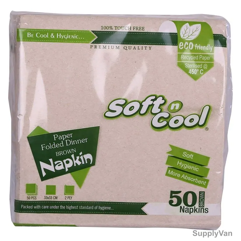 Soft n Cool Paper Folded Dinner Napkin, NAPKIN3333B, 33CM Length x 33CM Width, Brown, 50 Sheets/Pack