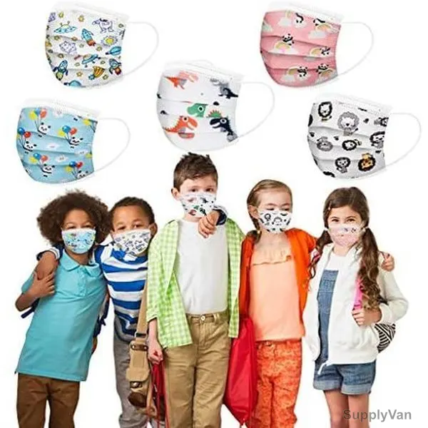 Mixed Cartoon Pattern Kids Disposable Face Mask, Non-Woven, 3 Layer, Multicolor, 50 Pcs/Pack