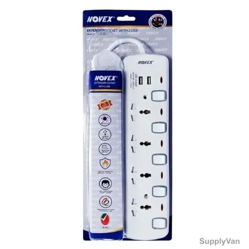 Novex Extension Socket With 2 USB, N-D104-2U-3MTR-UTH, 4 Way, 3 Mtrs Cable Length, White — image 1