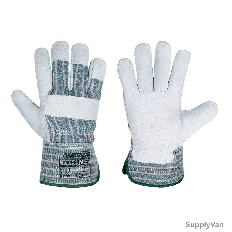 Ameriza Single Palm Striped Rigger Gloves, 1008-GR-1034, Leather, 10.5 Inch, Green/White, 12 Pairs/Pack