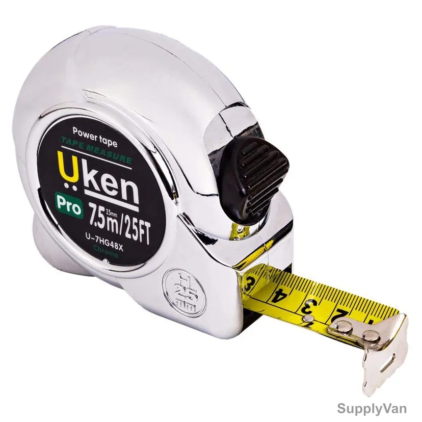 Uken Pro Measuring Tape, U-7HG48X, Chrome, 25MM x 7.5 Mtrs, Silver