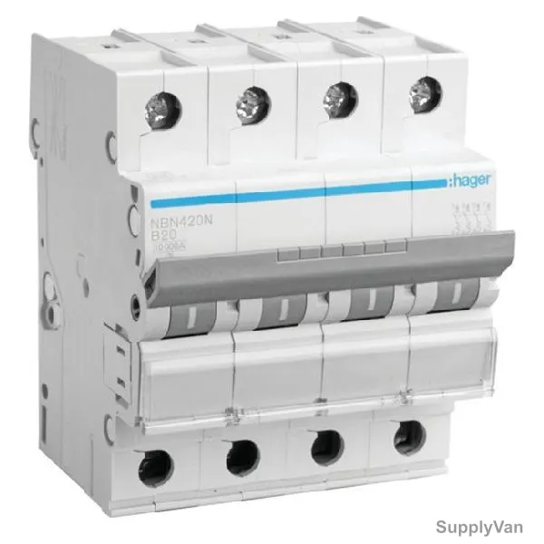 Hager Miniature Circuit Breaker, NBN420N, B Curve, 4P, 20A, 400V