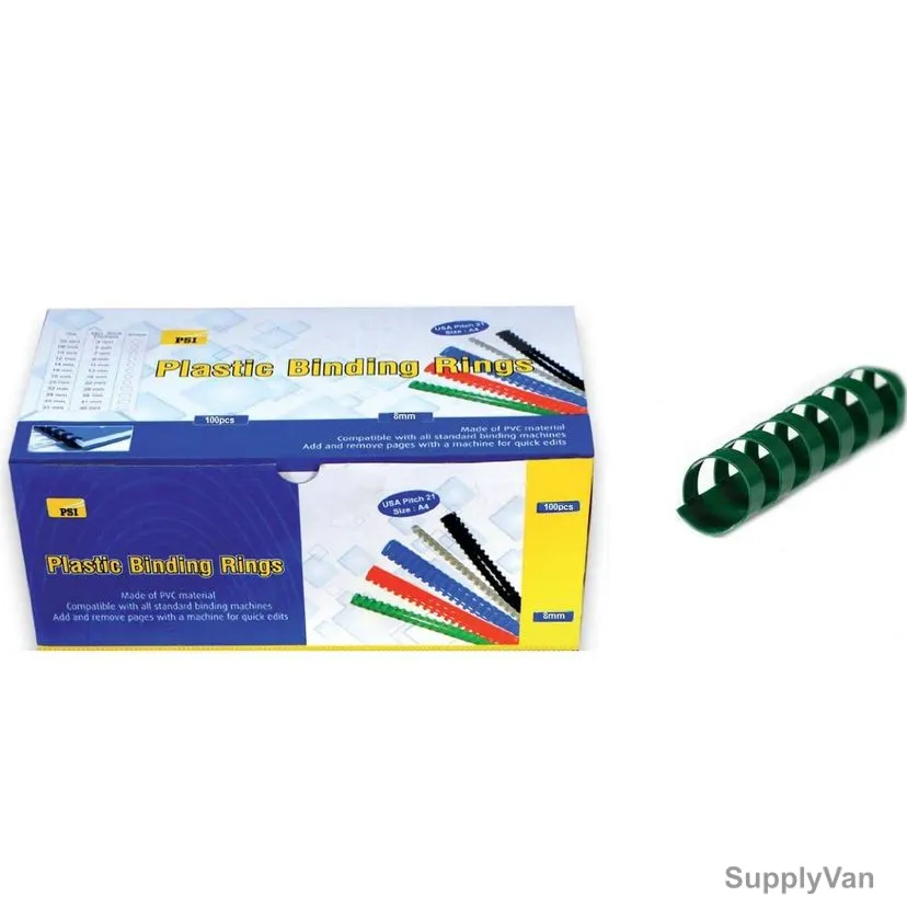 PSI Binding Ring, PSBR08GR, Plastic, 45 Sheets, 8mm, Green, 100 Pcs/Pack