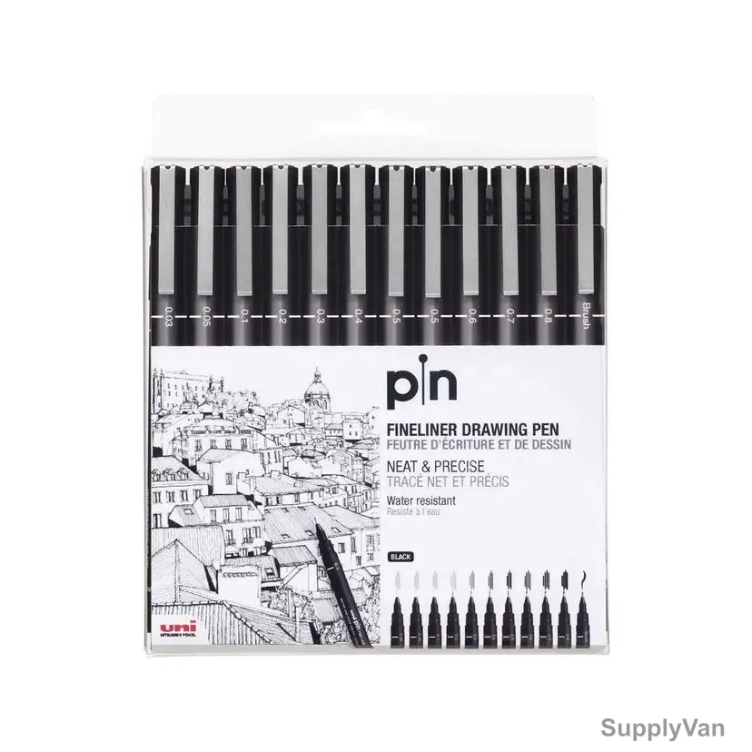 Uni-Ball Fine Line Marker, PIN200-12CBK, Uni-Pin, 0.03-0.8MM Tip, Black, 12 Pcs/Pack — image 1