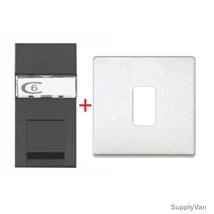 Mk Telephone Socket Outlet With 1 Module Euro Frontplate, K5846BLK+K24181BSS, IP2XD, RJ45, 2 Pcs/Set