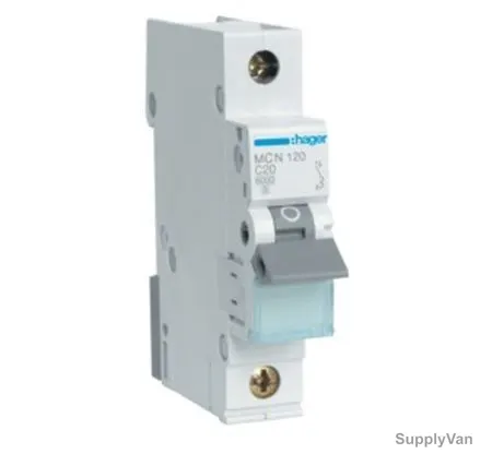 Hager Miniature Circuit Breaker, MCN120A, 1P, Curve C, 20A