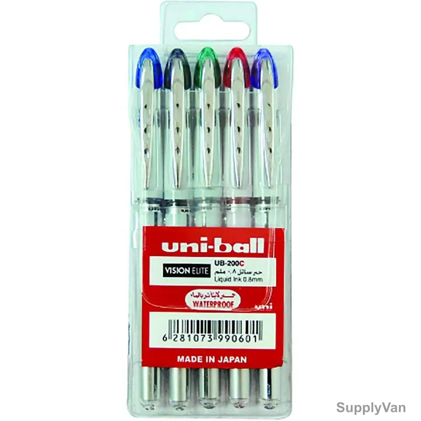 Uni-Ball Ball Point Pen, UB200-05C, Vision Elite, 0.8MM Tip, Assorted Colors, 5 Pcs/Set
