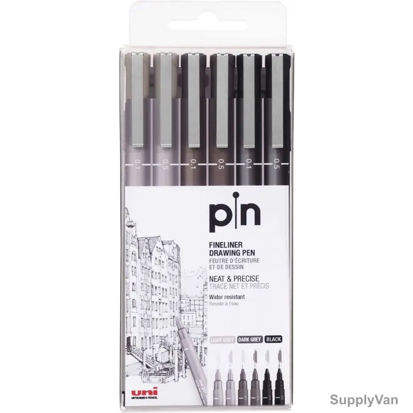 Uni-Ball Fine Line Marker, PIN200-06C, Uni-Pin, 0.03-0.8MM Tip, Black and Grey, 6 Pcs/Set