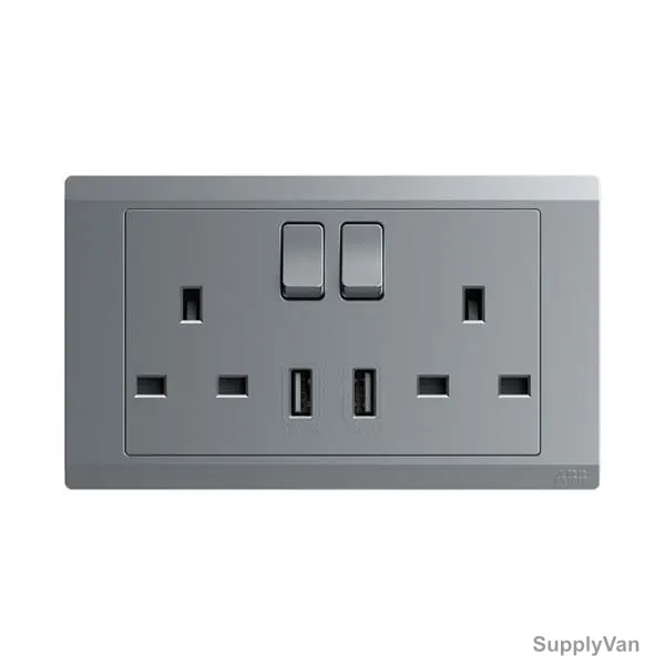Abb Double Pole Switch Socket With USB, BL262-G, Inora, 2 Gang, 13A, Classic Grey — image 1