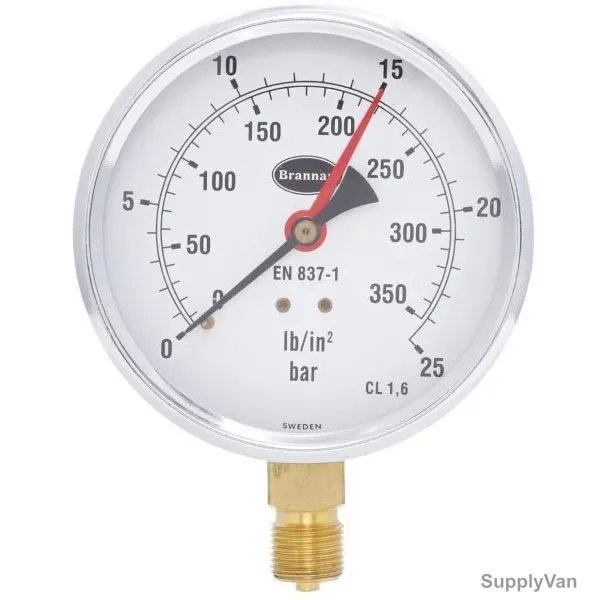 Brannan Pressure Gauge, 34-657-0, 100MM, 0-25 Bar