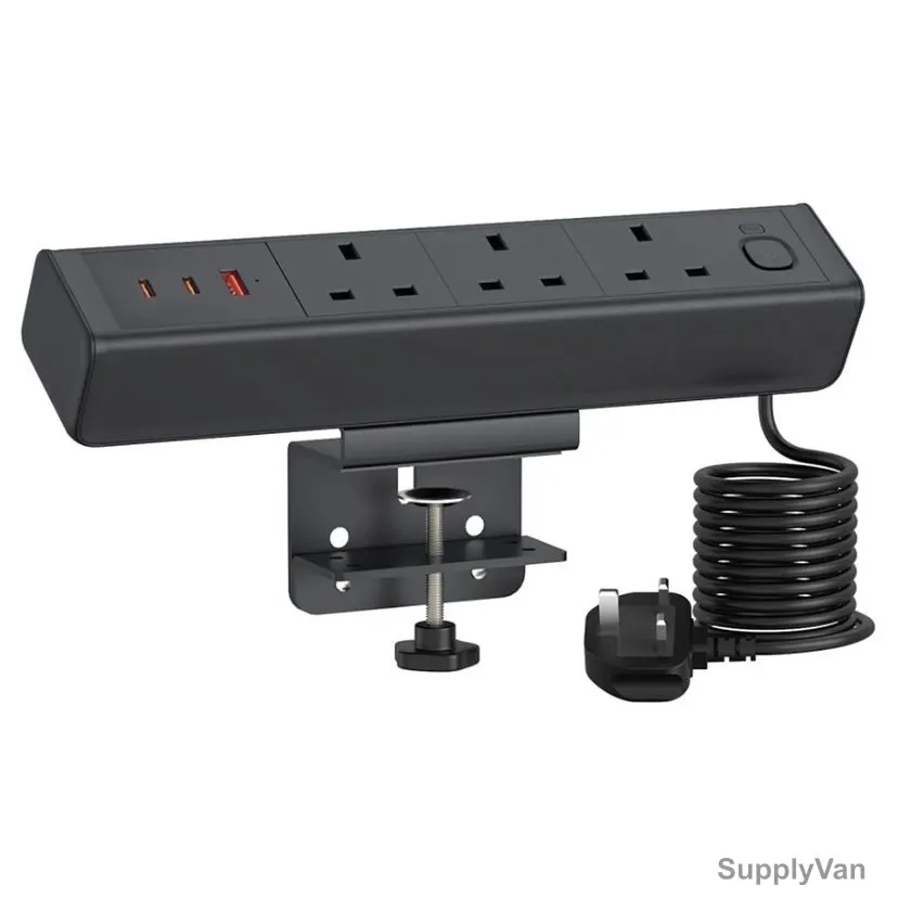 Clamp Mounted Power Socket, Aluminum Alloy, 65W, 3 Way, Type C, 10A, 1.8 Mtrs, Black — image 1