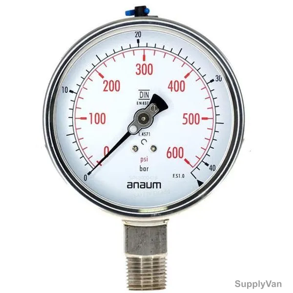 Anaum Pressure Gauge, AN3100, 100MM Dia, 1/2 Inch NPT, 0-40 Bar