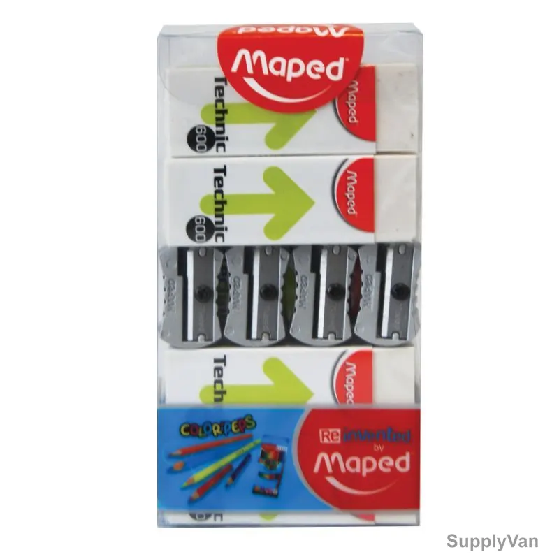 Maped Technic 600 Eraser With Metal Sharpener, MDP-VP-005, Plastic/Metal, Grey/White, 8 Pcs/Set