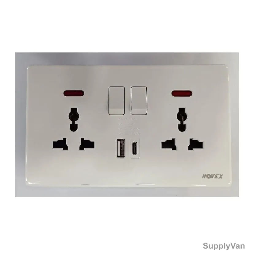 Novex Double Universal Wall Switch Socket, T406W-MF-UC, Toronto, Plastic, 240VAC, 2 Outlet, 13A, White — image 1