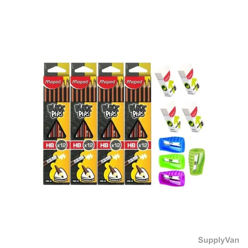 Maped Black'Peps Pencil Set With Eraser and Sharpener, MDP-VP-116, Assorted Colors, 56 Pcs/Set