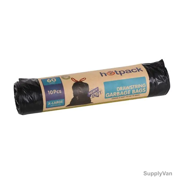 Hotpack Heavy Duty Tie Garbage Bag Rolls, HSMTBBR90110, 60 Gallons, Black, 120 Pcs/Carton