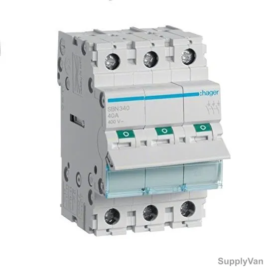 Hager Isolating Switch, SBN340, 40A, 3P, 3 Module, 400V
