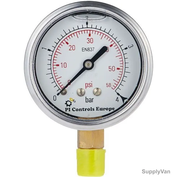 PI Controls Pressure Gauge, PG-63-R4-GF-BR, 63MM, 1/4 Inch, MNPT, 0-4 Bar