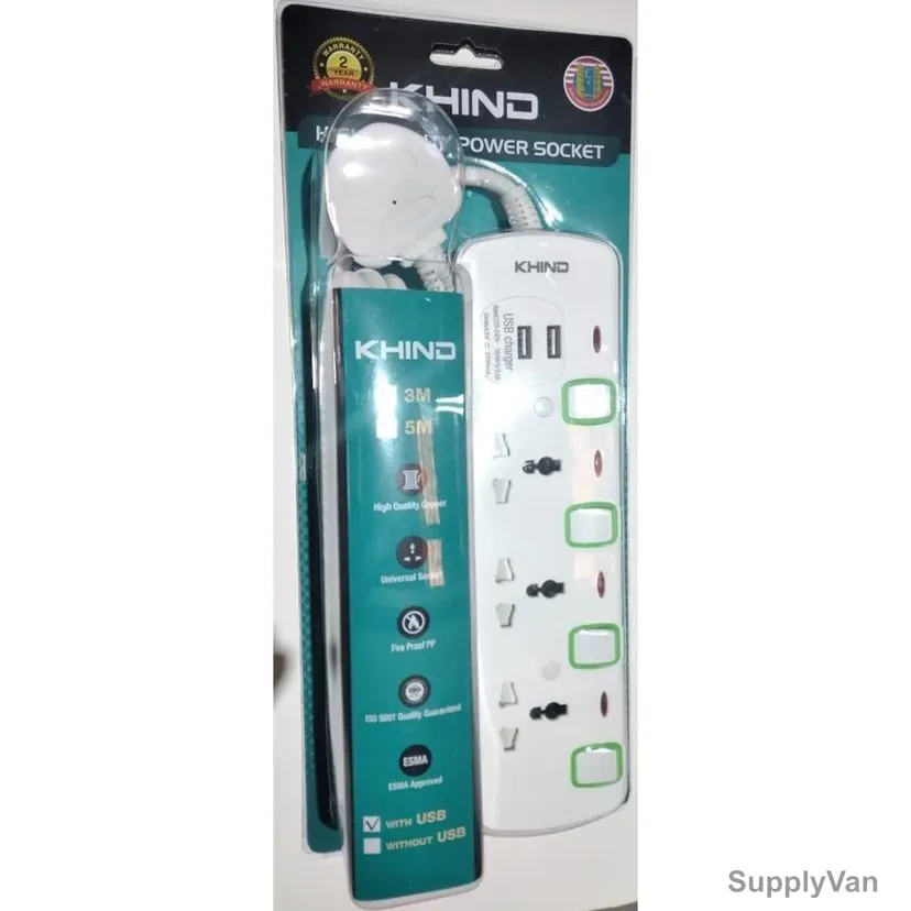 Khind Universal Extension Socket With 2 USB Slot And Neon, ES8133MU3M, 3 Way, 13A, 3 Mtrs Cable Length, White/Green