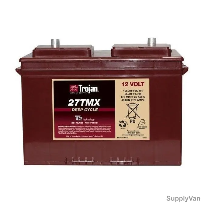 Trojan Flooded Lead Acid Battery, 27TMX, 12V, 105Ah/20Hr