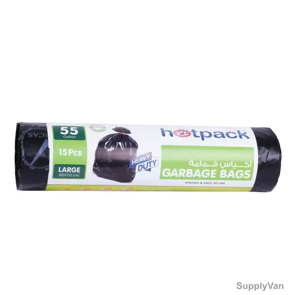 Hotpack Heavy Duty Garbage Bag Rolls, HSMGBR80110, 55 Gallons, Black, 225 Pcs/Carton — image 1