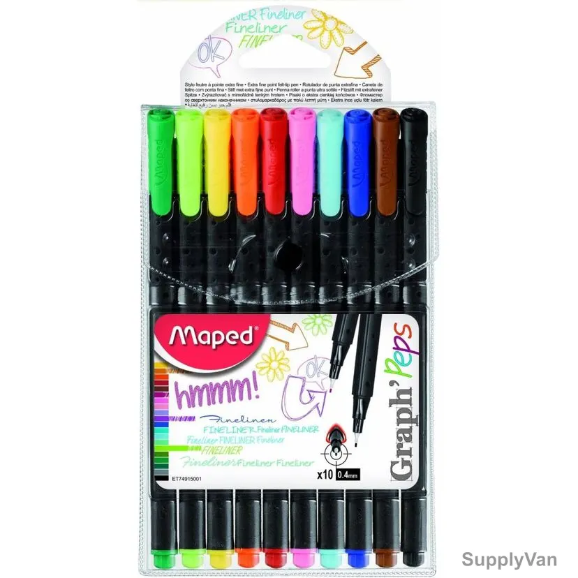Maped Fineliner Pen, MD-749150, GraphPeps, 0.4MM Tip, Assorted Colors, 10 Pcs/Set