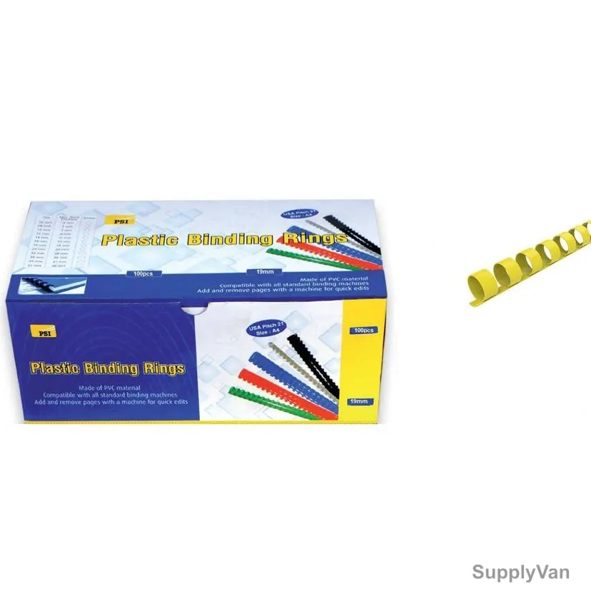 PSI Binding Ring, PSBR19YL, Plastic, 165 Sheets, 19mm, Yellow, 100 Pcs/Pack