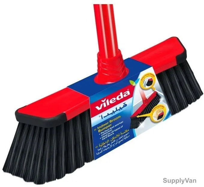 Vileda Bumper Indoor Floor Broom With Stick, VLFC119635A, Trapezoid Shape, Fiber, Red and Black