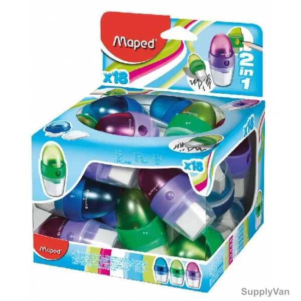 Maped Astro Pencil Sharpener With Eraser, MD-048011, 1 Hole, Assorted Colors, 18 Pcs/Set