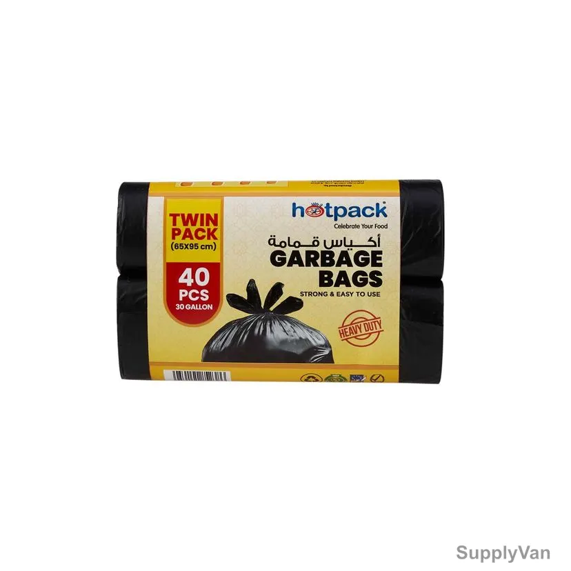 Hotpack Heavy Duty Garbage Bag Twin Pack, PPGBR6595TPECO, Plastic, 30 Gallon, 65CM Width x 95CM Length, Black, 40 Pcs/Pack
