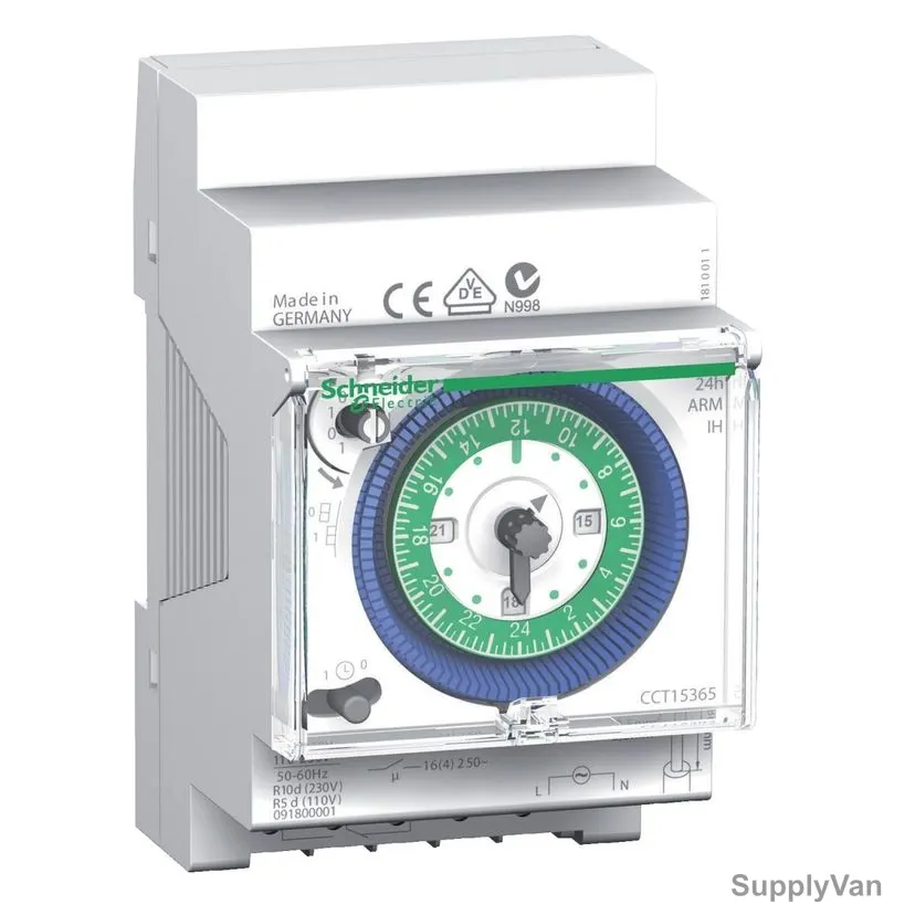 Schneider Electric Mechanical Time Switch, CCT15365, Acti9, 24 Hrs, 110-230VAC, 16A
