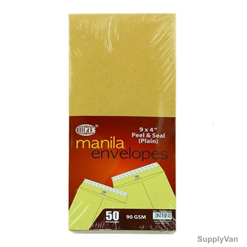 Fis Manila Peel/Seal Envelope, Paper, 9 x 4 Inch, Brown, 50 Pcs/Pack