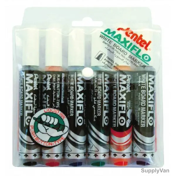 Pentel White Board Marker, PEP-MWL6-06, Maxiflo, 6.2MM, Assorted Colors, 6 Pcs/Set
