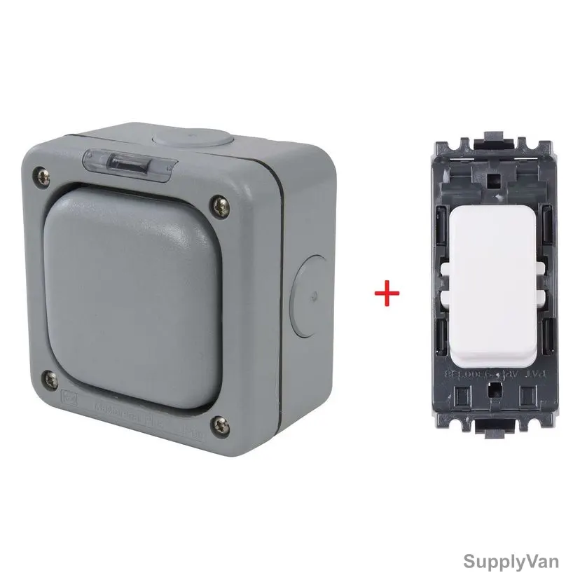 Mk Waterproof Switch Enclosure With Grid Switch, K56420GRY+MS56896BLK, Masterseal Plus, Polycarbonate, IP66, 1 Gang, Grey, 2 Pcs/Set
