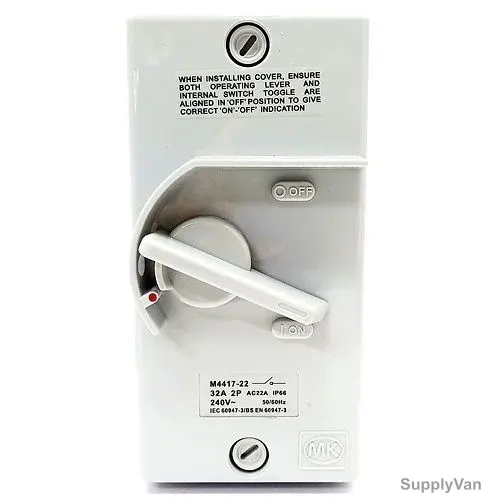 Mk Dual Pole Waterproof Isolator Switch, M4417-22, 240-415V, IP66, 32A, Grey
