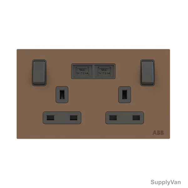 ABB Single Pole Switched Socket With USB Charger, AM235147-MO, Millenium, 2 Gang, 13A, Mocha Brown — image 1