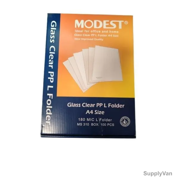 Modest L Shape Folder, MS-310, Polypropylene, 180 Micron Thk, A4, Clear, 100 Pcs/Pack
