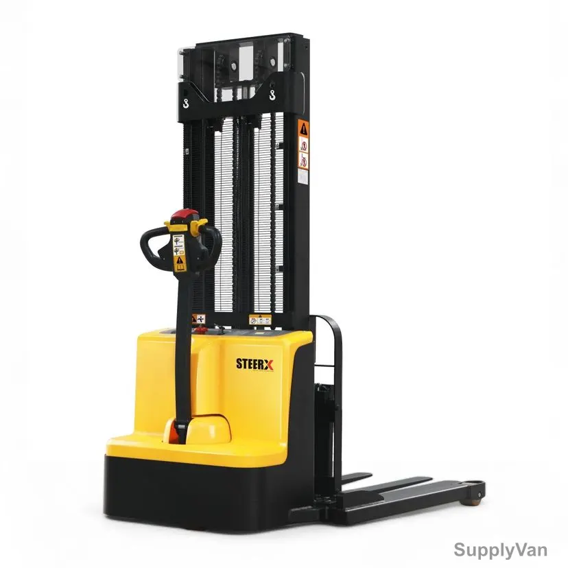 Steerx Fully Electric Straddle Leg Pedestrian Stacker, SEST15-3500SL, Steel, 3500MM Lifting Height, 1500 Kg Weight Capacity