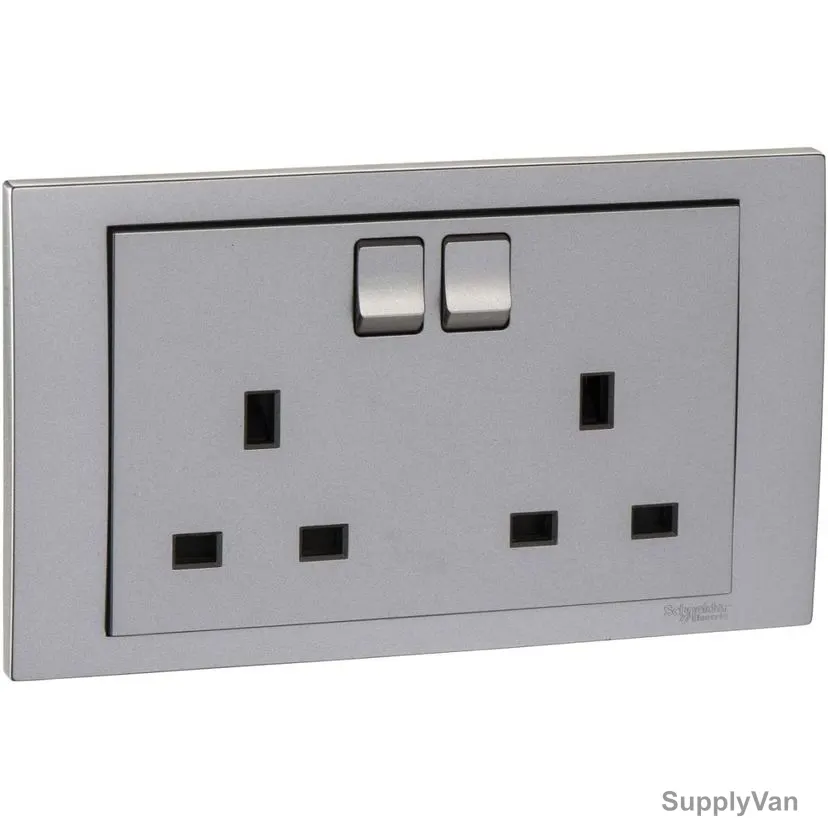 Schneider Electric Twin Gang Switched Socket, KB25-AS, Vivace, 2 Gang, 2P + E, 13A, 250VAC, Aluminium Silver
