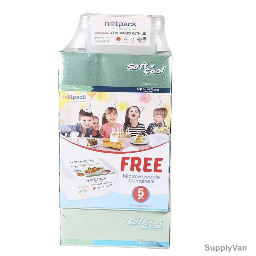 Hotpack Facial Tissue With Free 5PCS Microwaveable Food Container, SNCT150PLUSMC750, Soft n Cool, 2 Ply, White