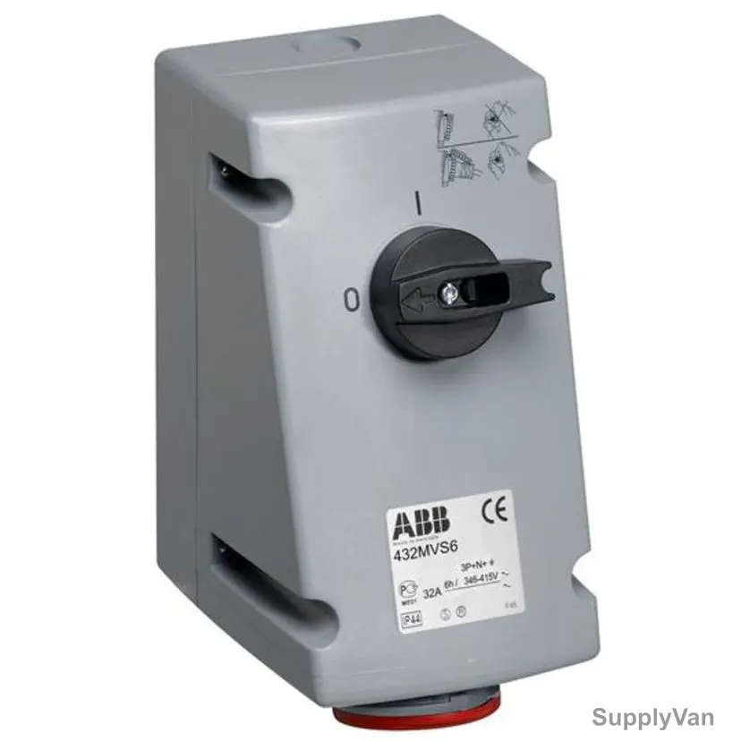 Abb Vertical Switched Interlocked Socket Outlet, 432MVS6, 346-415V, IP44, 32A, 3P+N+E, Red