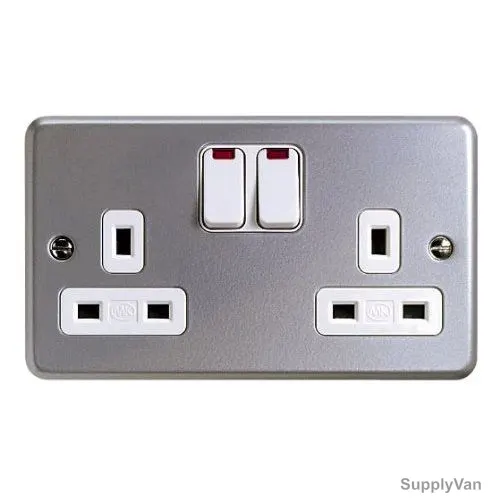 Mk DP Switch Socket Outlet With Neon, K2446ALM, Metalclad Plus, IP4X, 2 Gang, 2 Way. 13A, Aluminium