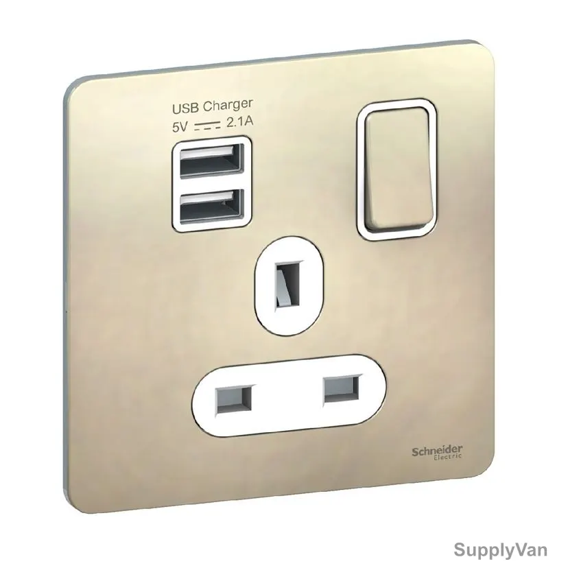 Schneider Electric Switched Socket With 2 USB Port, Ultimate, 1 Gang, 2P+E, 13A, Pearl Nickel