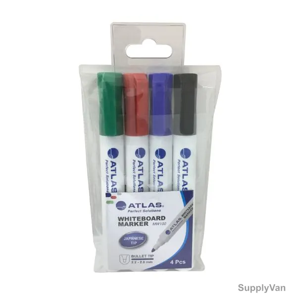 Atlas White Board Marker, AS-MW100-04C, 2.2-2.8MM Tip Size, Assorted Colors, 4 Pcs/Set