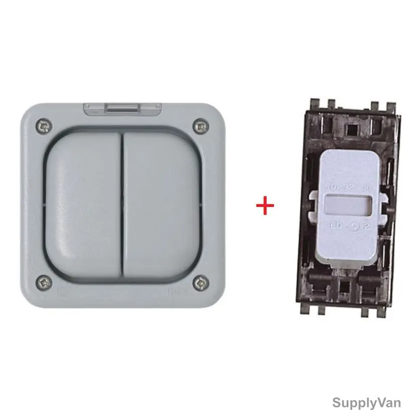 Mk Waterproof Switch Enclosure, With Grid Switch, K56422GRY+MS56882BLK, Masterseal Plus, Polycarbonate, IP66, 2 Gang, 13A, Grey, 2 Pcs/Set