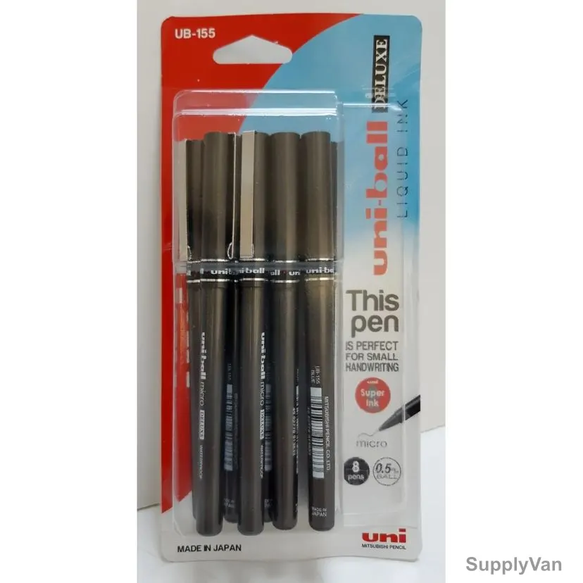 Uni-Ball Ball Point Pen, UB155-08C, Deluxe Micro, 0.5MM Tip, Assorted Colors, 8 Pcs/Set