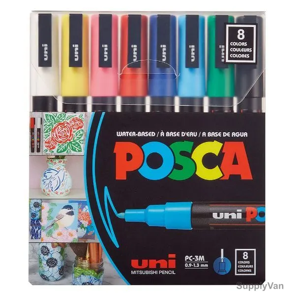 Uni-Ball Posca Marker, PC3M-08C, 0.9-1.3MM Tip Size, Assorted Colors, 8 Pcs/Set